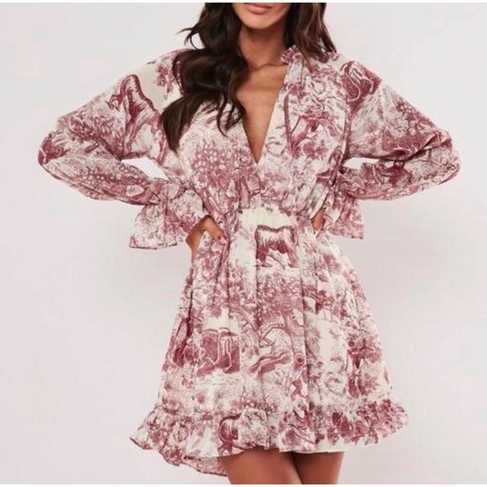 Missguided Tall Burgundy Toile De Jouy Long Sleeve Mini Dress 8 Autumn Wedding